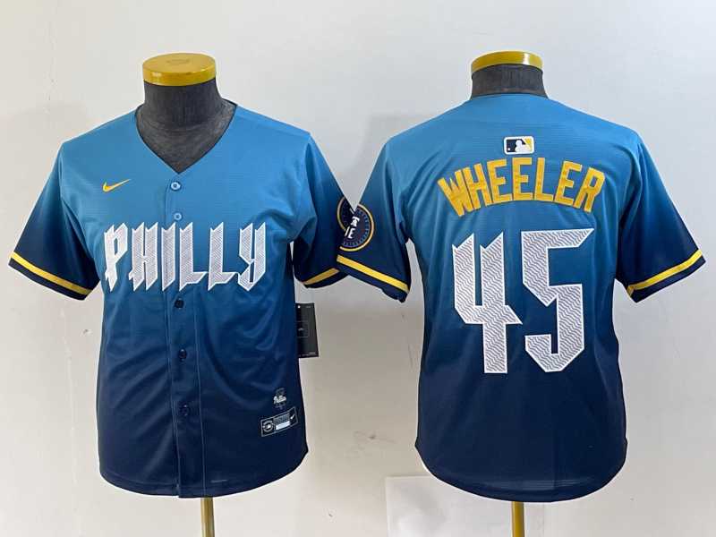 Youth Philadelphia Phillies #45 Zack Wheeler Blue 2024 City Cool Base Stitched Jersey->mlb youth jerseys->MLB Jersey